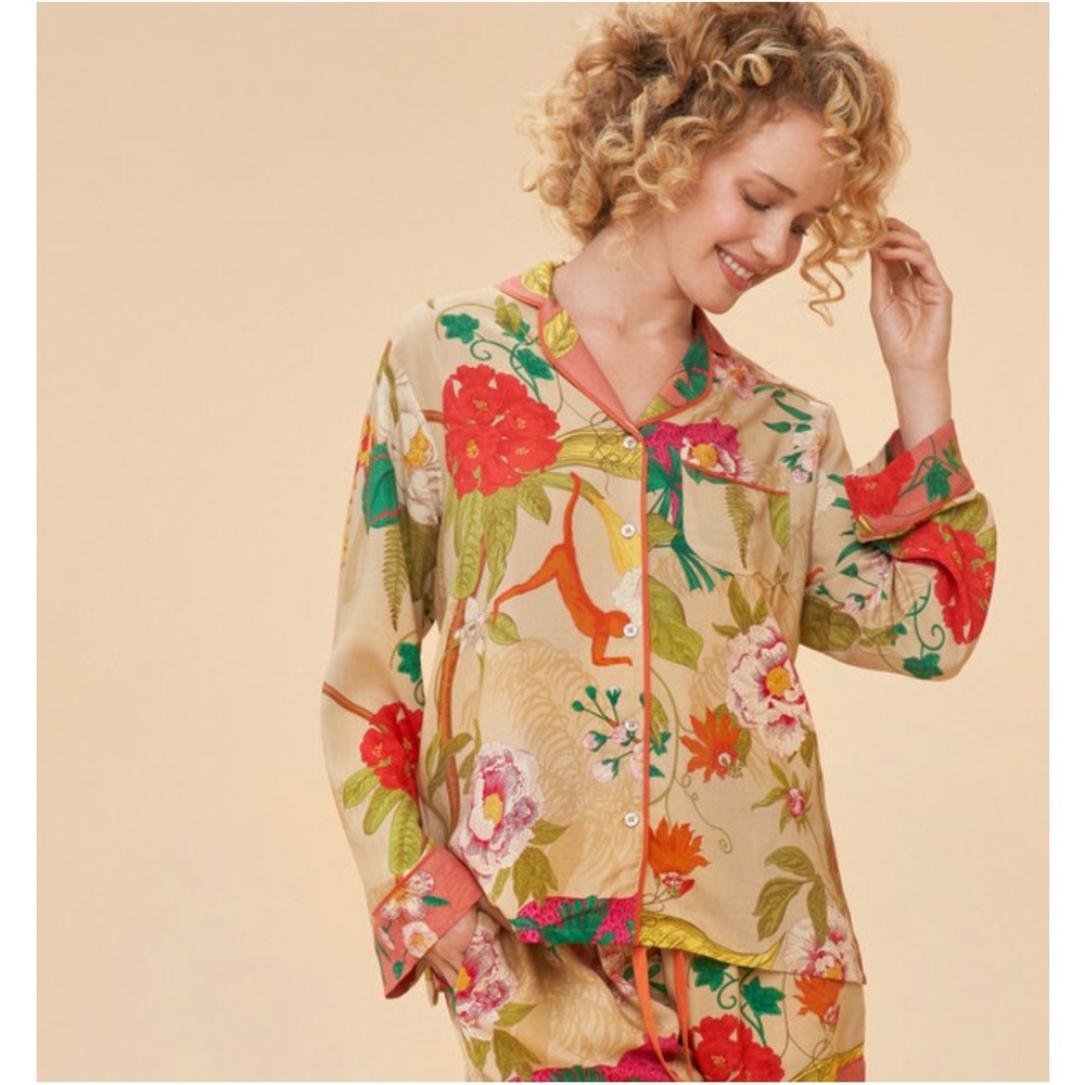 Powder Design Tropical Floral Pajama Top Button Down Women's S Coconut EUC